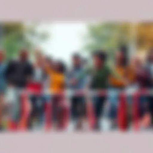 A group of diverse people working together to overcome a hurdle, symbolizing unity and collective action