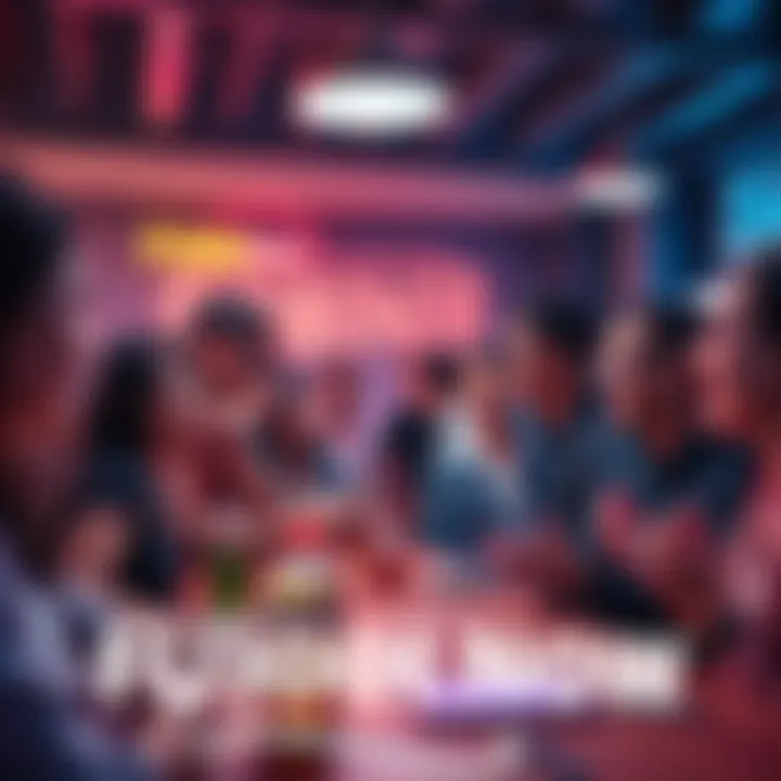 A group of people engaging in animated discussions about the term 'FUHHH Now' in a lively setting.