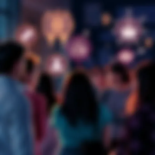 A group of people discussing safety in an online community, with symbols for filters and bots in the background