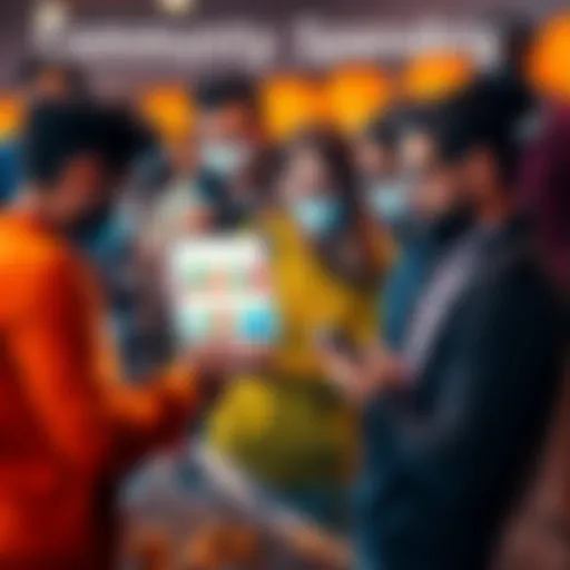 A group of people discussing their spending habits while looking at a digital device showing charts and images of groceries, clothing, and cryptocurrencies.