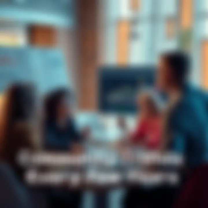 Group of people engaged in a discussion about community trends, with charts and graphs on display.