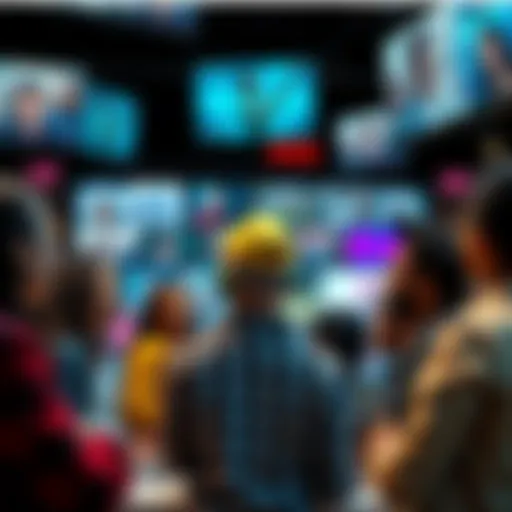 A group of diverse people discussing their views on reality with digital screens in the background showing various interpretations of what is real.