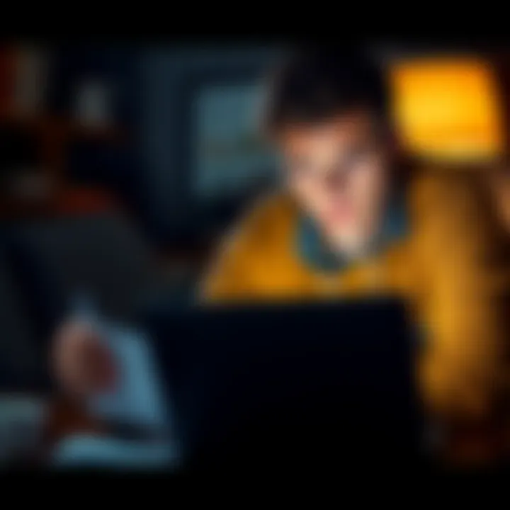 A worried person examines a laptop with financial documents, showing signs of distress from a potential scam