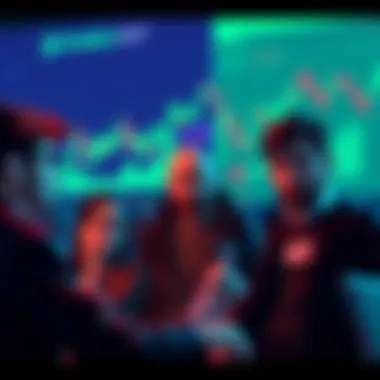 A group of investors looking worried while discussing the future of the Kraken NFT coin, with charts and graphs showing decline in the background