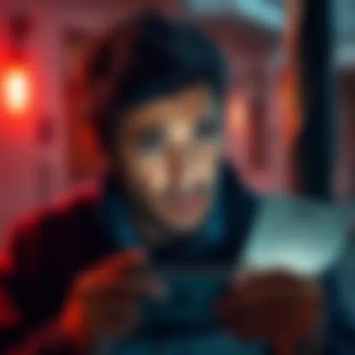 A worried man looking at his phone while listening to a voicemail transcript, reflecting anxiety over a spam call.