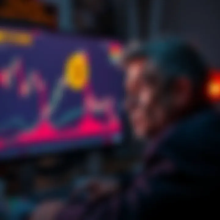 A worried individual studying a Bitcoin price chart on a computer screen, contemplating a decision about selling or holding investments.