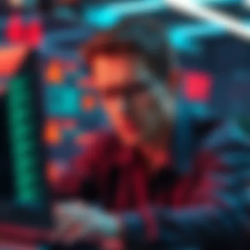 A frustrated Pi Node operator looking at a computer screen with warning symbols, indicating operational issues with node updates.
