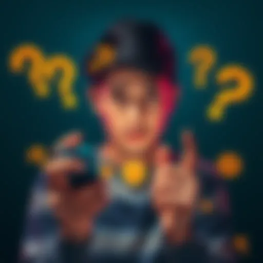 A person looking puzzled while holding a smartphone displaying cryptocurrency symbols, surrounded by question marks.