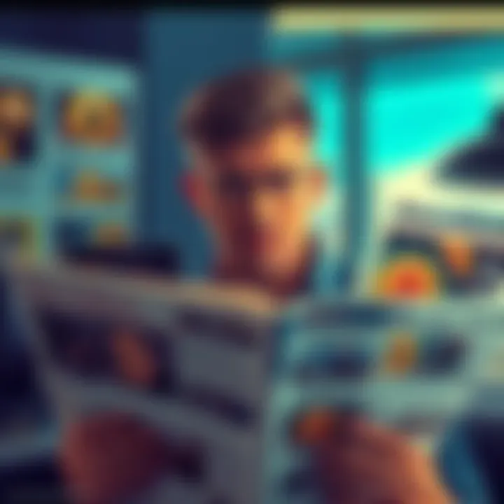 A person looks puzzled while reading news articles about Bitcoin, surrounded by headlines that contradict each other.