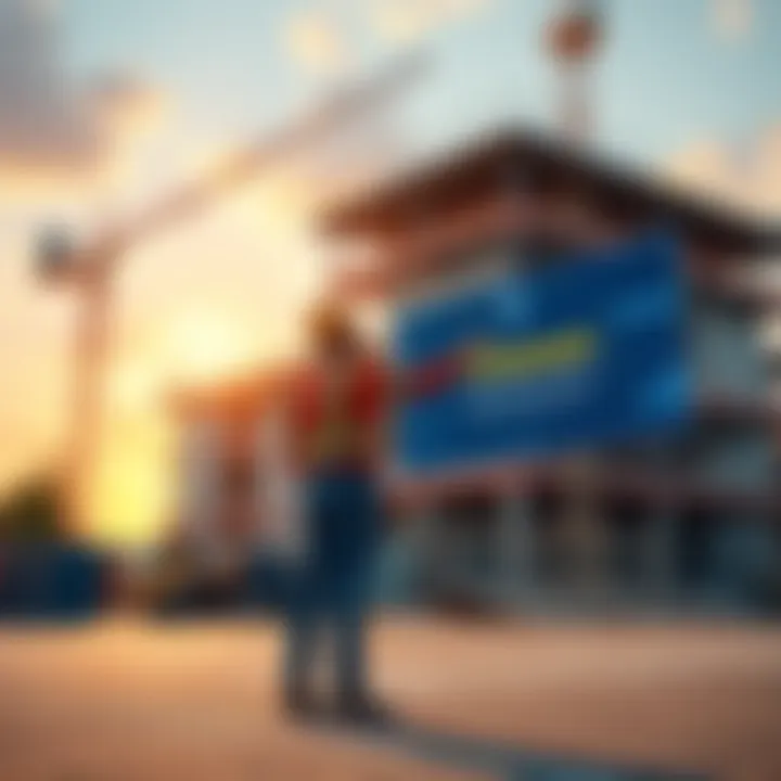 A construction worker stands next to a building site with a digital screen showing a speedy permit approval process on Ethereum.