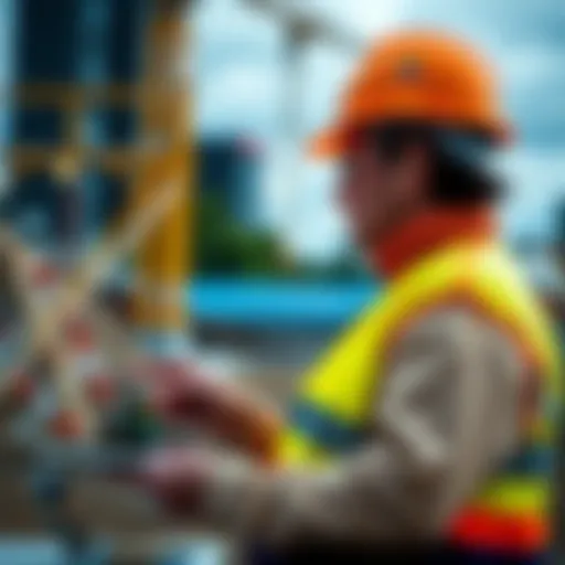A graphic designer reviewing a website on a laptop at a construction site