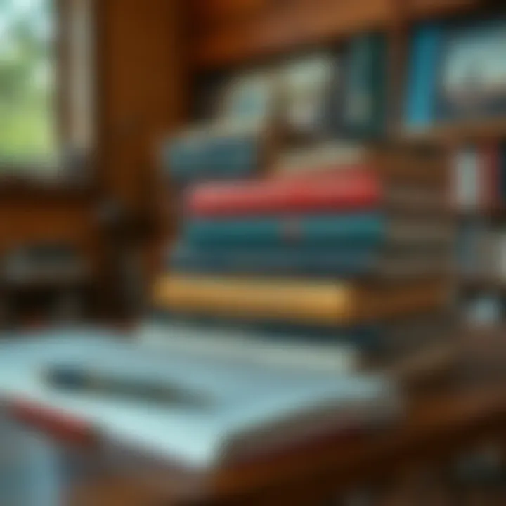 A stack of contemporary novels and a pen on a wooden table, suggesting discussion on narrative focus