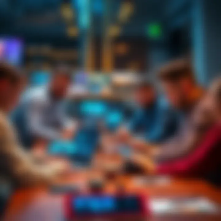 A group of content creators discussing thumbnail designs at a table, some images visible on laptops, showing different styles, illustrating varying viewer engagement strategies.