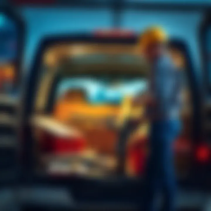 Home improvement contractor loading tools and materials into a work truck in preparation for a job