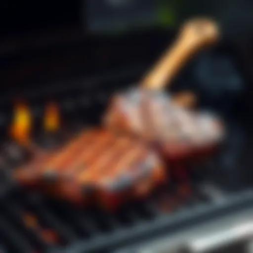 Two 1kg tomahawk steaks smoking on a Ninja Woodfire BBQ, showcasing the rich flavor and grill marks, ready to be served.