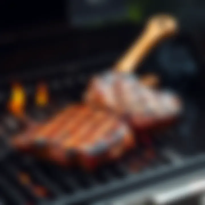 Two 1kg tomahawk steaks smoking on a Ninja Woodfire BBQ, showcasing the rich flavor and grill marks, ready to be served.