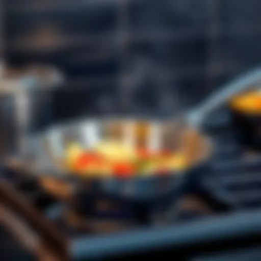 A stainless steel Demeyere 7 pan on the stove, with food cooking at 74F, showing a successful first cooking experience