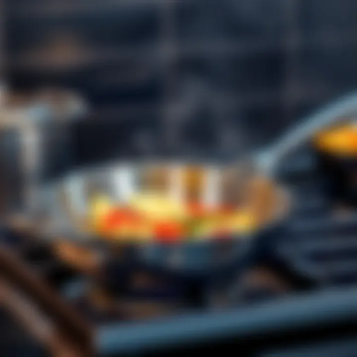 A stainless steel Demeyere 7 pan on the stove, with food cooking at 74F, showing a successful first cooking experience