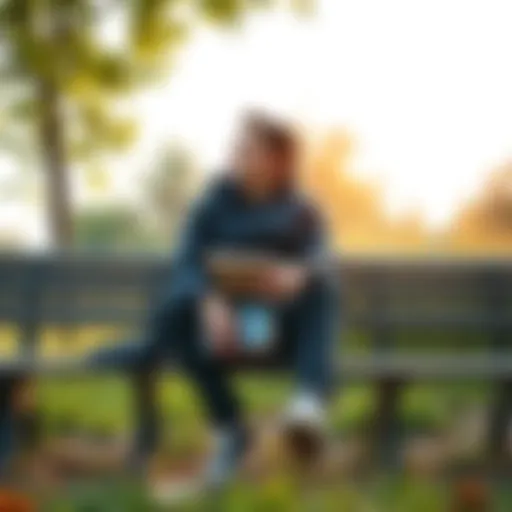 A person sitting on a bench, looking contemplative while holding a notebook, surrounded by nature, symbolizing coping mechanisms and enjoyment in life.