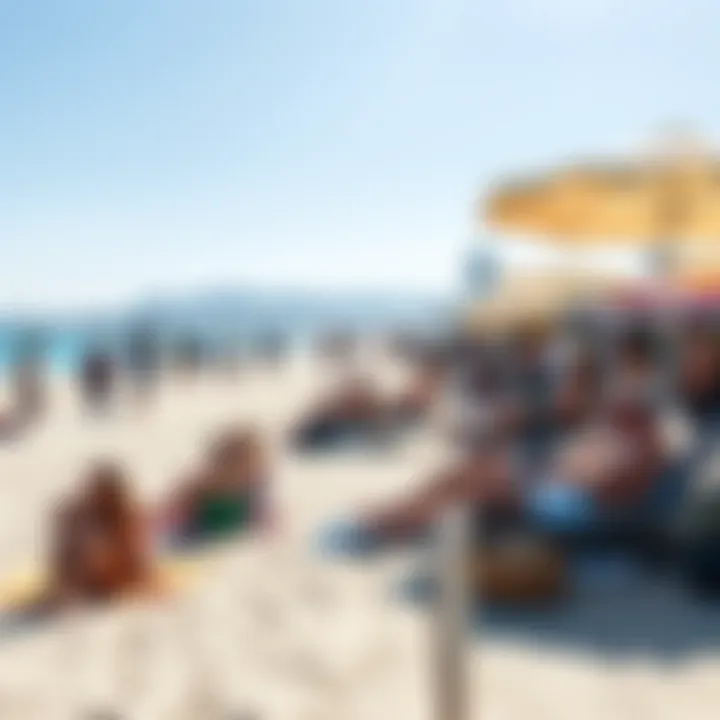 Visitors relaxing and soaking up the sun at Coronado Beach with beach towels and umbrellas
