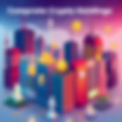 Illustration of public companies represented by buildings holding cryptocurrency icons like Bitcoin and Ethereum, showing diverse portfolios.