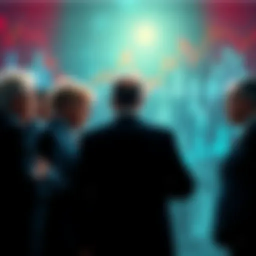 A group of politicians discussing R-Bitcoin with a backdrop of financial graphs, symbolizing corruption and government bailouts.