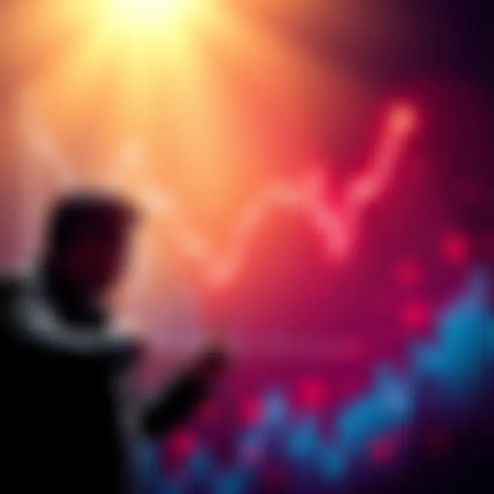 A graph showing a sharp decline in value with worried investors in the background, representing the struggles of Cosmo Coin amidst inflation