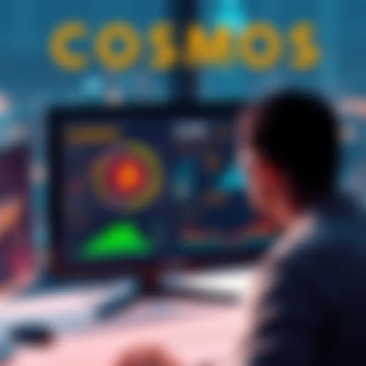 A person looking at a computer screen displaying Cosmos staking information and investment data.