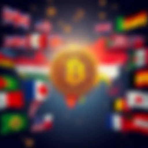 A collage of national flags with Bitcoin symbols, representing nations embracing cryptocurrency.