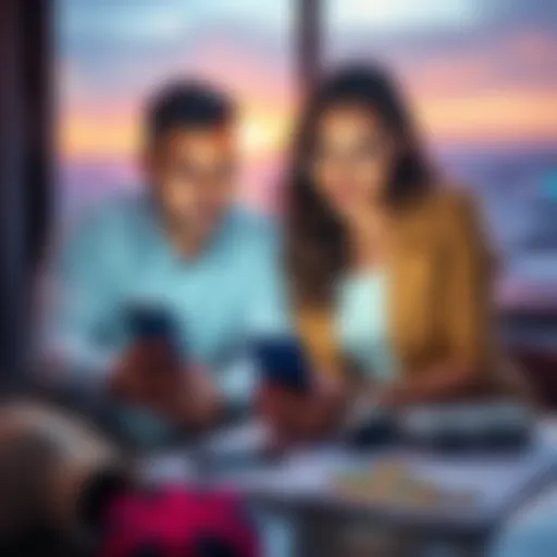 A couple checking travel expenses on a smartphone while planning their vacation, with a credit card and travel documents on the table.