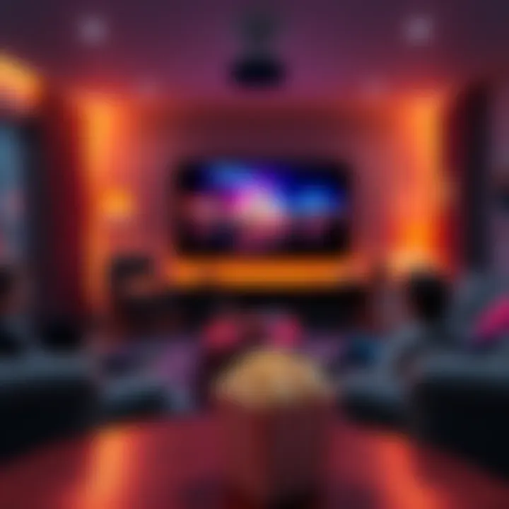 A comfortable living room with a large screen displaying a movie, popcorn on the table, and a person enjoying the film