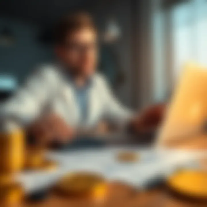 A CPA reviewing cryptocurrency tax documents with a calculator and laptop, surrounded by crypto coins and tax forms.