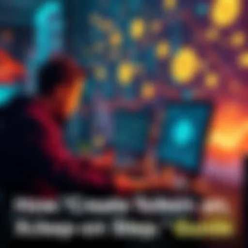 A person working on a computer with blockchain graphics and currency symbols in the background, illustrating the process of token creation on XRPL.