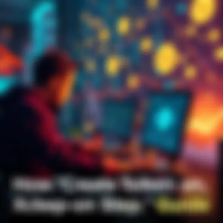 A person working on a computer with blockchain graphics and currency symbols in the background, illustrating the process of token creation on XRPL.