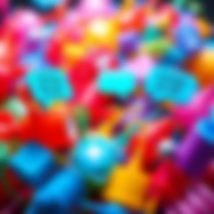 A colorful collection of GIFs representing fun social media content creation with text bubbles encouraging submissions.