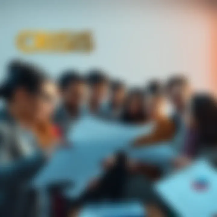 A group of diverse people discussing options during a crisis, showing concern and determination as they review papers and charts.