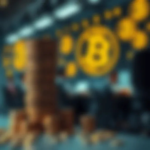 Critique of Keynesian Theory A visual representation showing a large stack of coins next to workers looking tired at their desks, with Bitcoin symbols in the background, symbolizing the debate between traditional economics and cr...