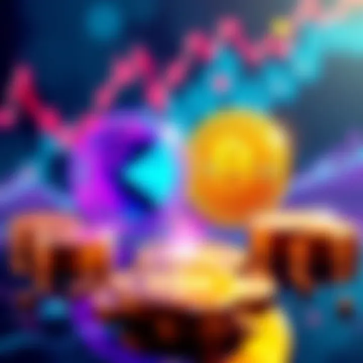 Illustration of two teams working together on stablecoin projects, featuring digital coins and financial graphs