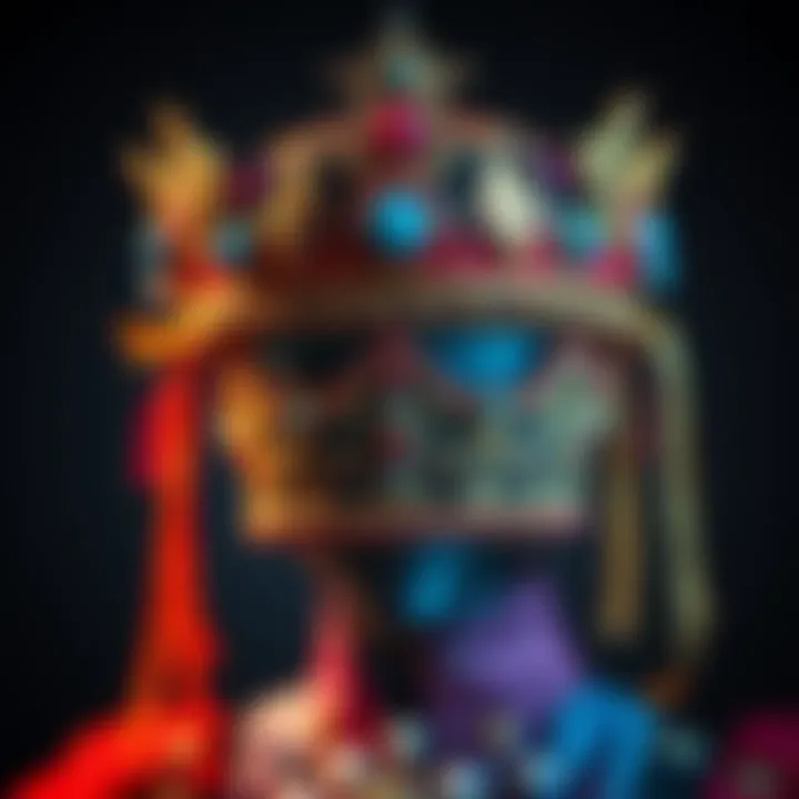 A colorful crown cosplay headpiece featuring intricate designs and embellishments, showcasing creativity in character representation.