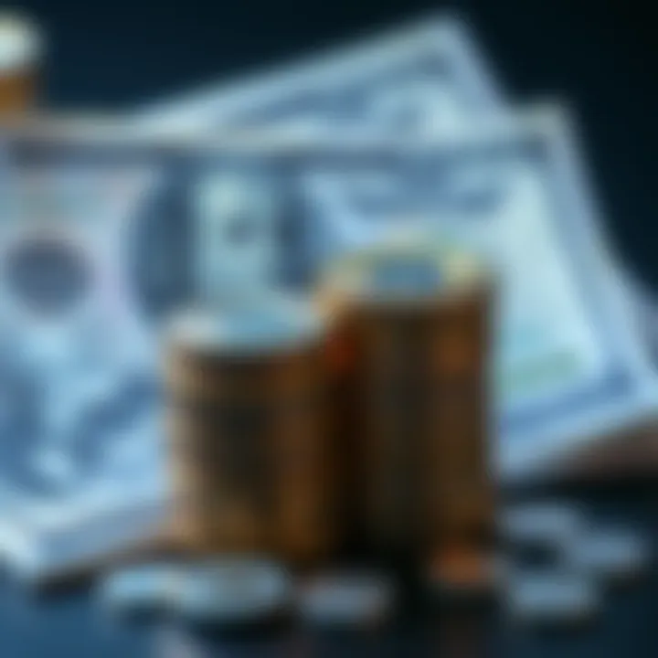 A stack of cryptocurrency coins next to U.S. dollar bills, illustrating the concept of income generation.