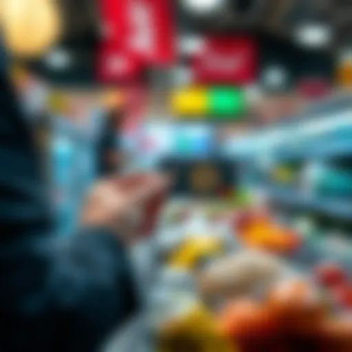 A person using a crypto debit card to pay for groceries at a store checkout.