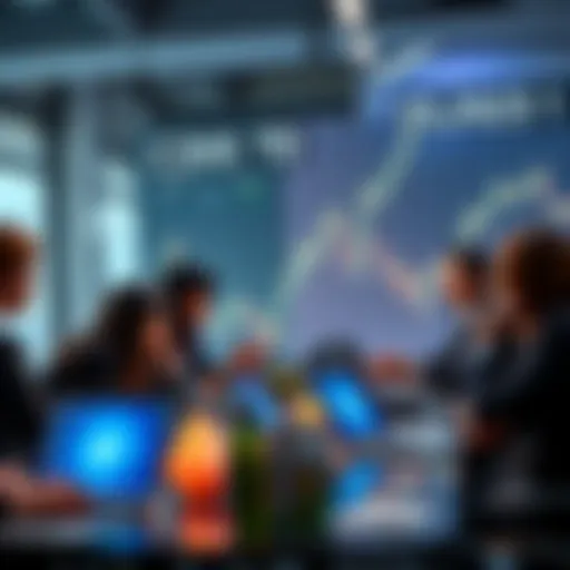 People discussing cryptocurrency trends in a group setting with laptops and charts around them