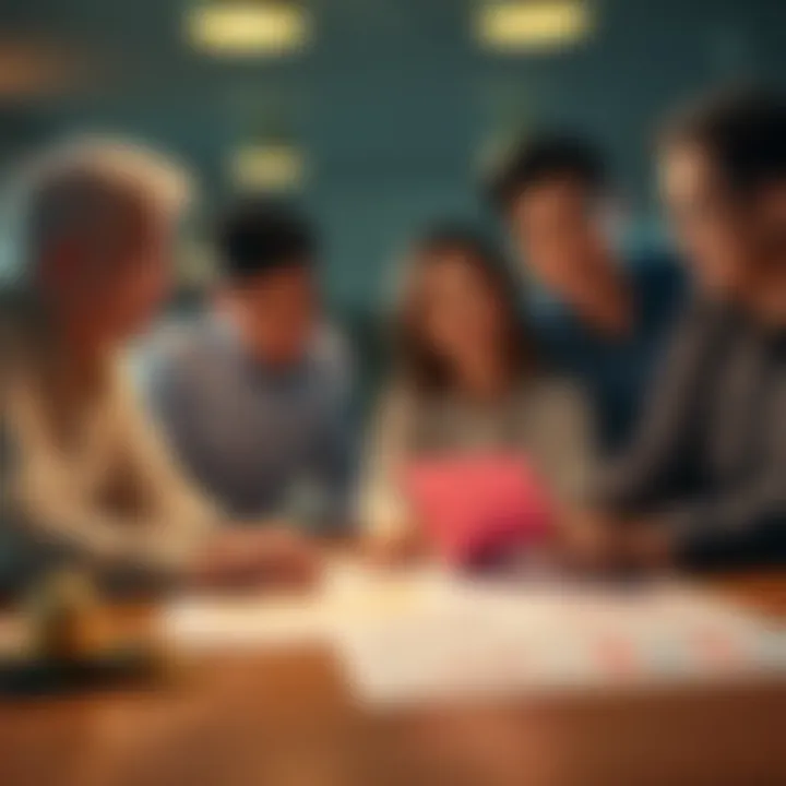 A family discussing cryptocurrency wealth transfer options, with charts and digital tokens visible on a table.
