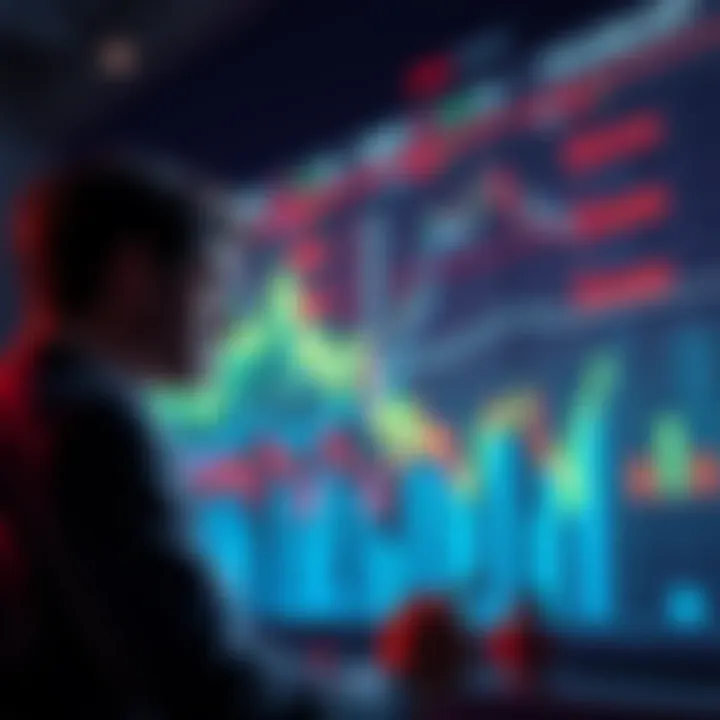 A visual representation of a stalled crypto market with graphs showing flat trends and investors looking concerned.