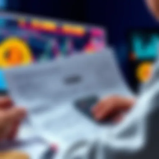 A person reviewing a 1099-DA tax form with a calculator and Bitcoin graphics in the background