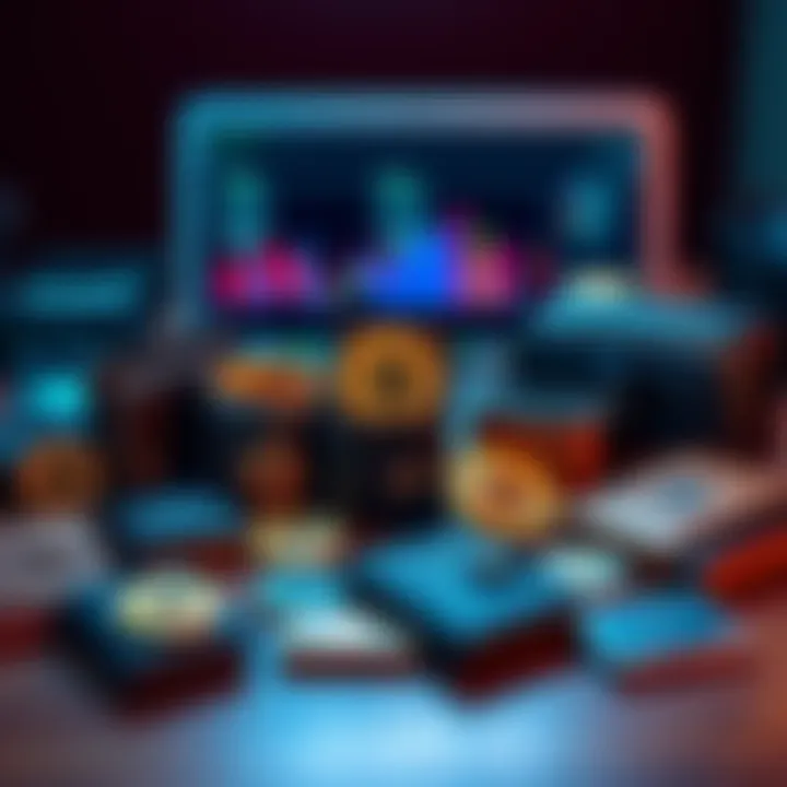 A collection of different types of crypto wallets including hardware, software, and paper wallets on a table with a laptop in the background