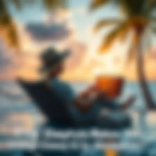 A person enjoying a beach view with a laptop and a stack of money, symbolizing financial freedom through cryptocurrency investments.