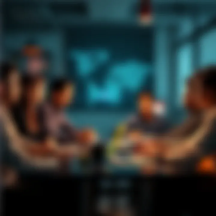 Group discussion about cryptocurrency A diverse group of people engaged in a discussion about the future of cryptocurrency adoption, sharing ideas and insights at a table with laptops and notes.
