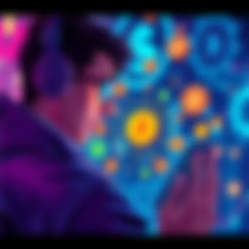 Illustration of a person using a crypto AI agent on a smartphone, with digital currency icons around them