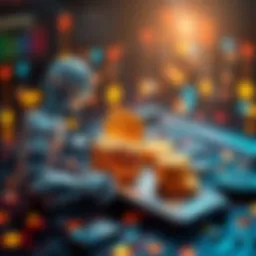A digital representation of cryptocurrency and AI technology interacting, with icons of coins and robots exchanging data